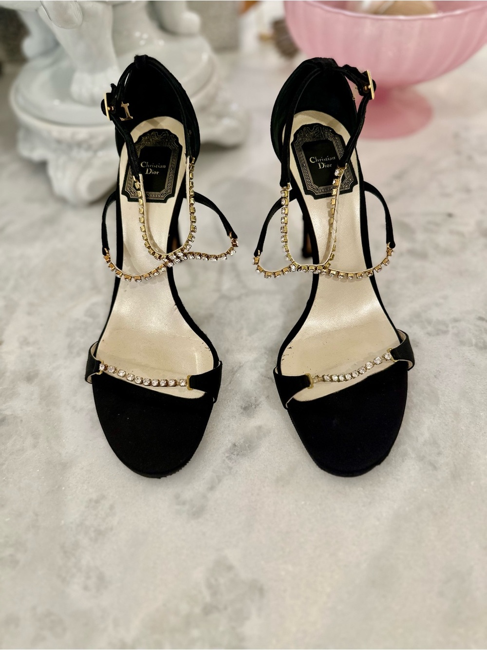 Christian Dior Crystal Trim Gold-Chain T-Strap Heels
